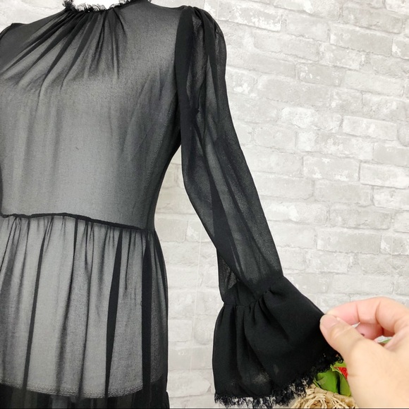 NWOT GENERATION LOVE Black Chiffon Ruffle Long Sleeve Semi Sheer Mini Dress Sm - Picture 8 of 16